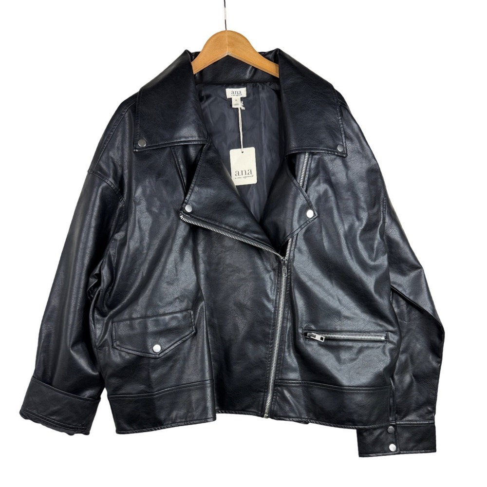 ANA A New Approach Womens Faux Leather Moto Jacket Black Asymmetrical Zip Sz XL